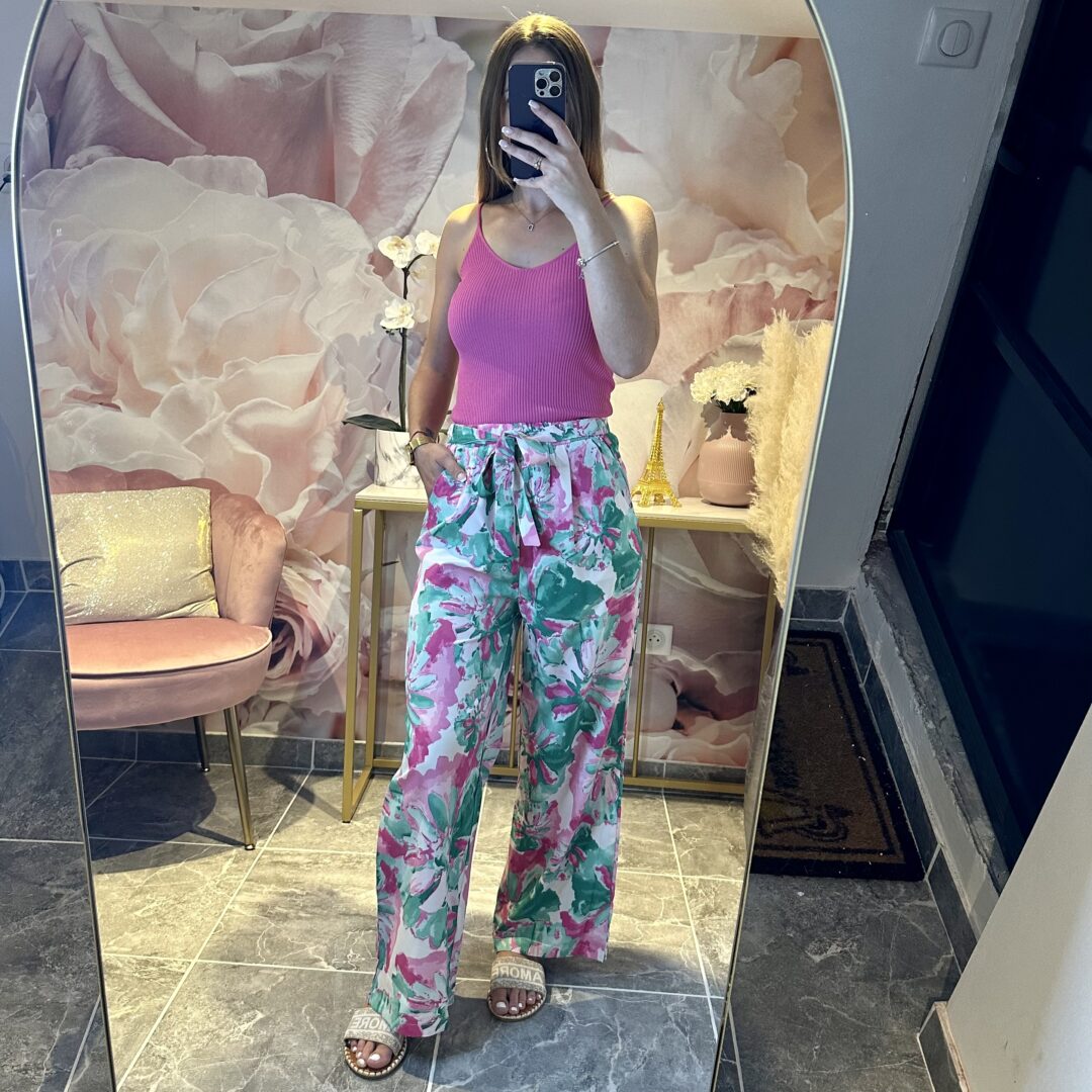 mon joli pantalon fluide vert et rose fuschia