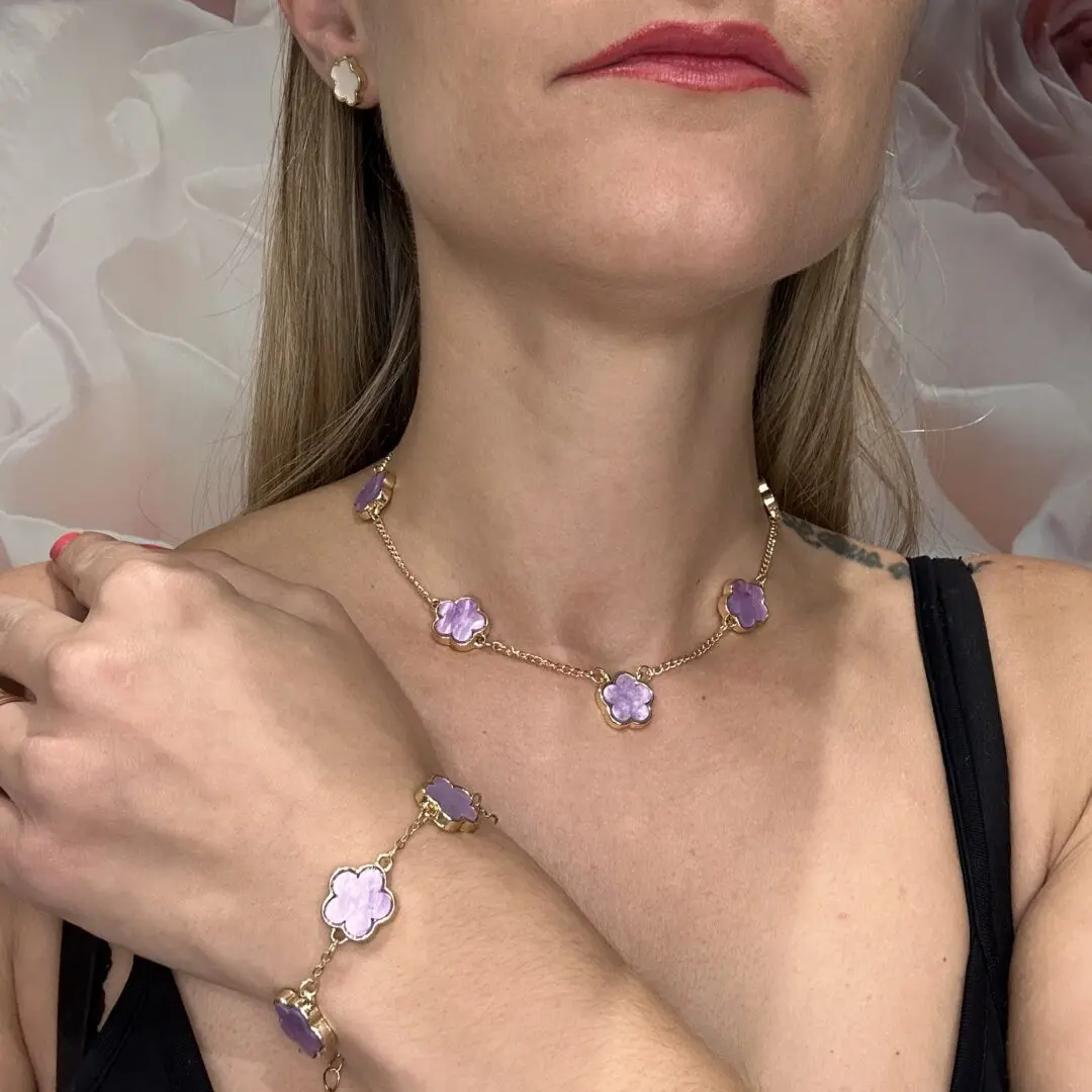 bracelet fleur mauve doré