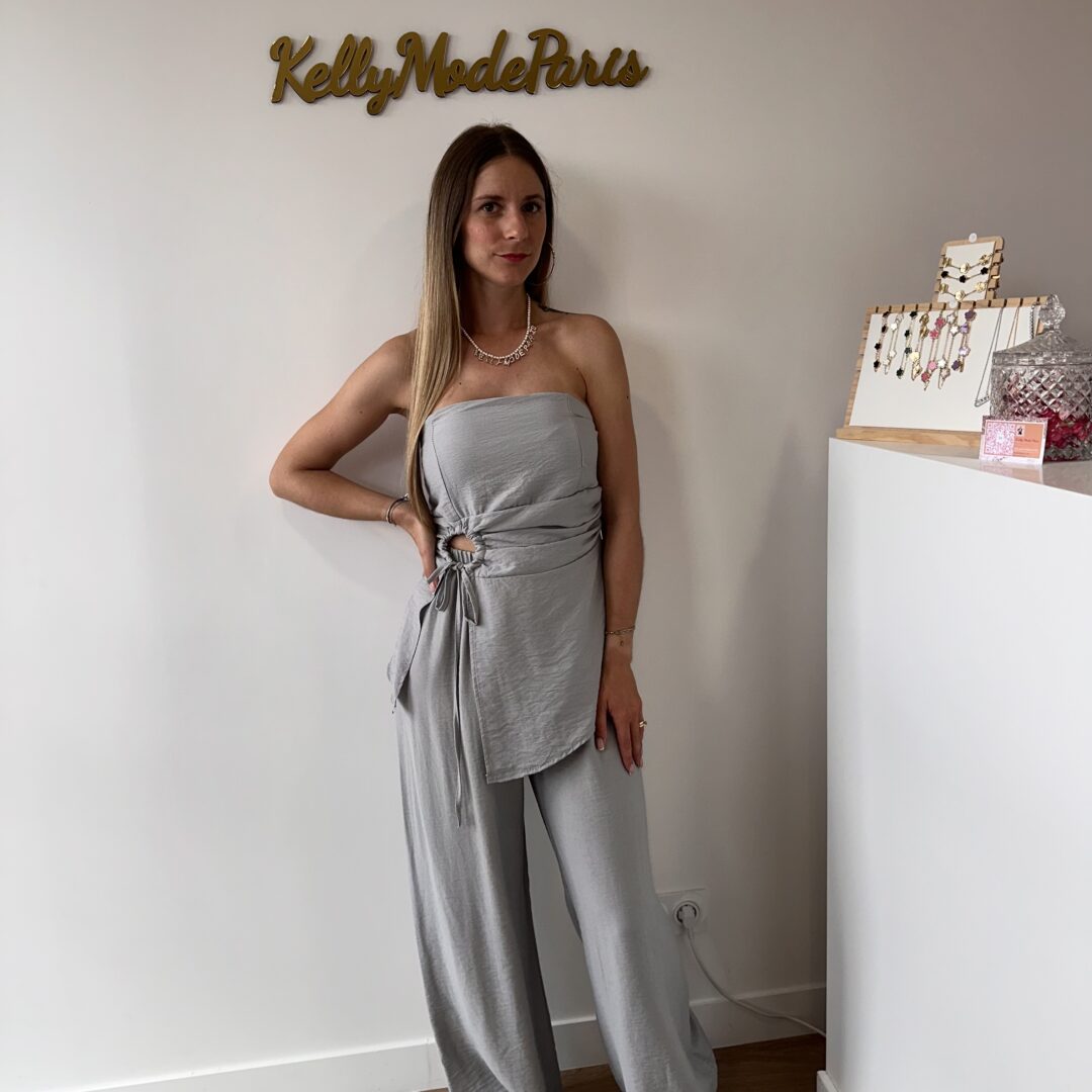Ensemble bustier et pantalon gris perle