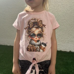 Tee-shirt rose pastel avec fillette girly Leopard avec noeud à l'avant